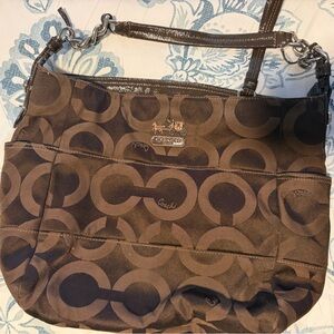 Coach Brown Signature Canvas Shoulder Bag with Dark Brown Trim